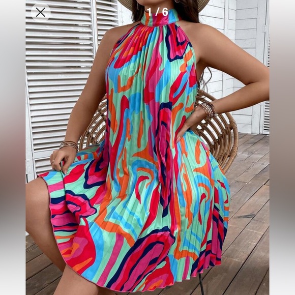 SHEIN VCAY Plus Allover Print Halter Neck Pleated Detail Dress - Picture 1 of 6